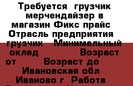 Требуется  грузчик-мерчендайзер в магазин Фикс прайс › Отрасль предприятия ­ грузчик › Минимальный оклад ­ 18 000 › Возраст от ­ 18 › Возраст до ­ 35 - Ивановская обл., Иваново г. Работа » Вакансии   . Ивановская обл.